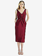 Front View Thumbnail - Burgundy Sleeveless Bow-Waist Pleated Satin Pencil Dress with Pockets