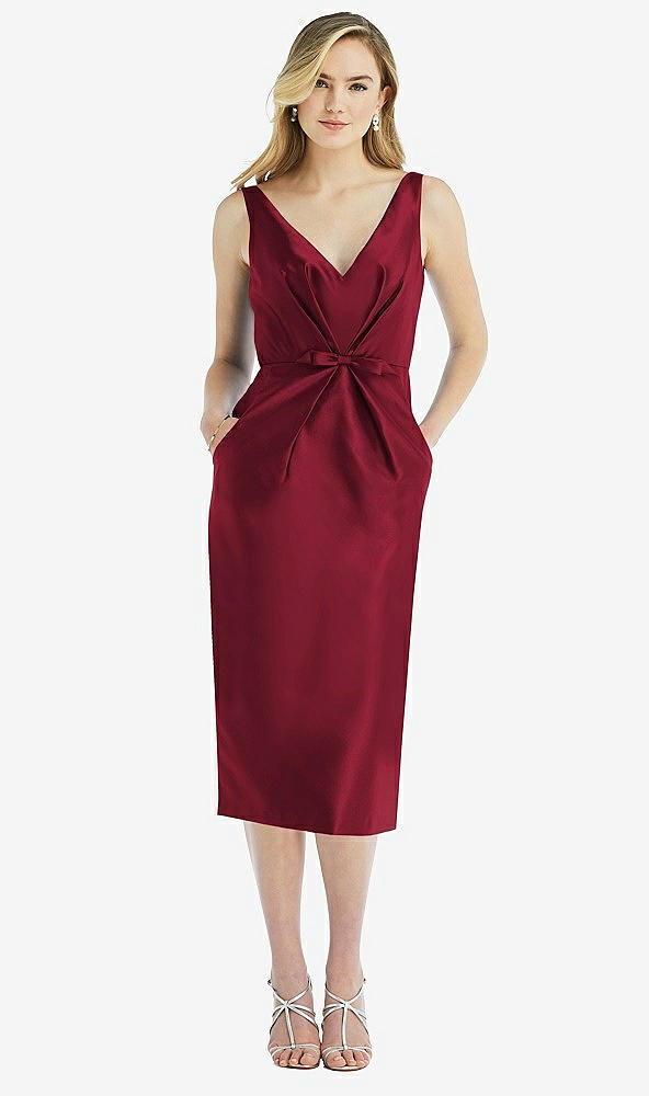 Front View - Burgundy Sleeveless Bow-Waist Pleated Satin Pencil Dress with Pockets