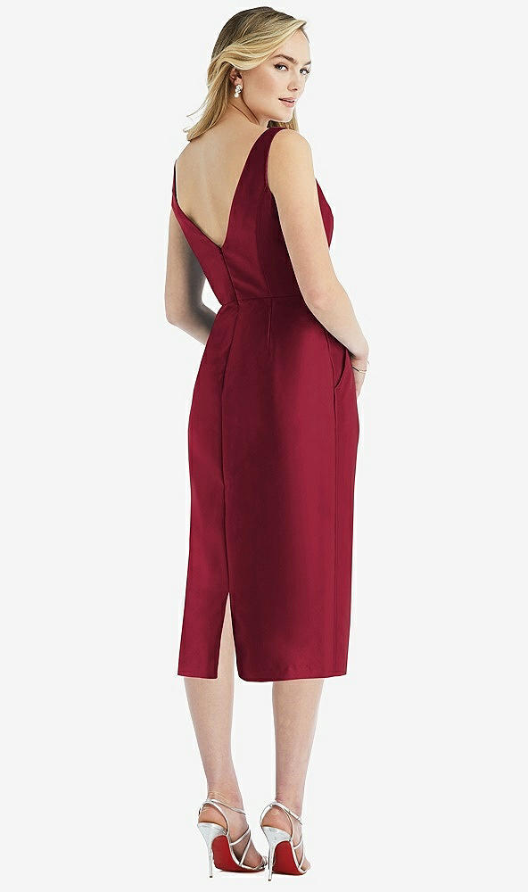 Back View - Burgundy Sleeveless Bow-Waist Pleated Satin Pencil Dress with Pockets