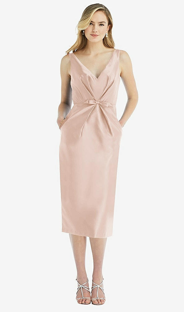 Front View - Cameo Sleeveless Bow-Waist Pleated Satin Pencil Dress with Pockets