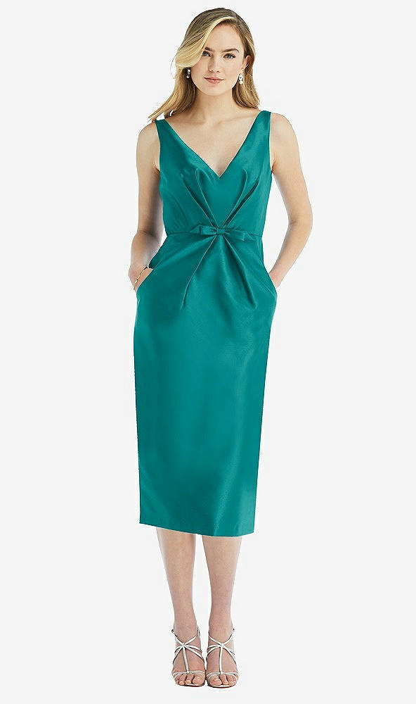 Front View - Jade Sleeveless Bow-Waist Pleated Satin Pencil Dress with Pockets