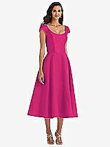 Front View Thumbnail - Think Pink Puff Cap Sleeve Full Skirt Satin Midi Dress