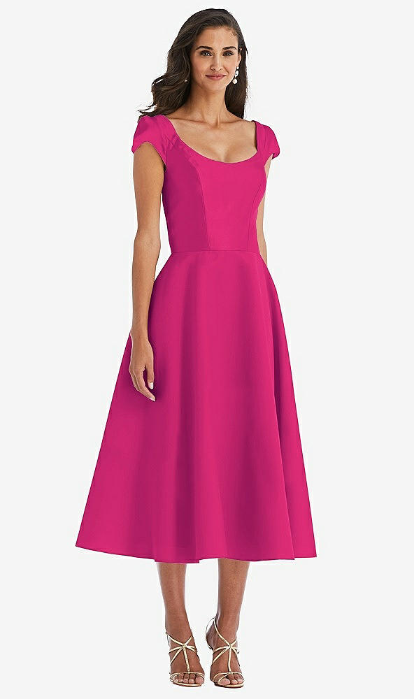 Front View - Think Pink Puff Cap Sleeve Full Skirt Satin Midi Dress
