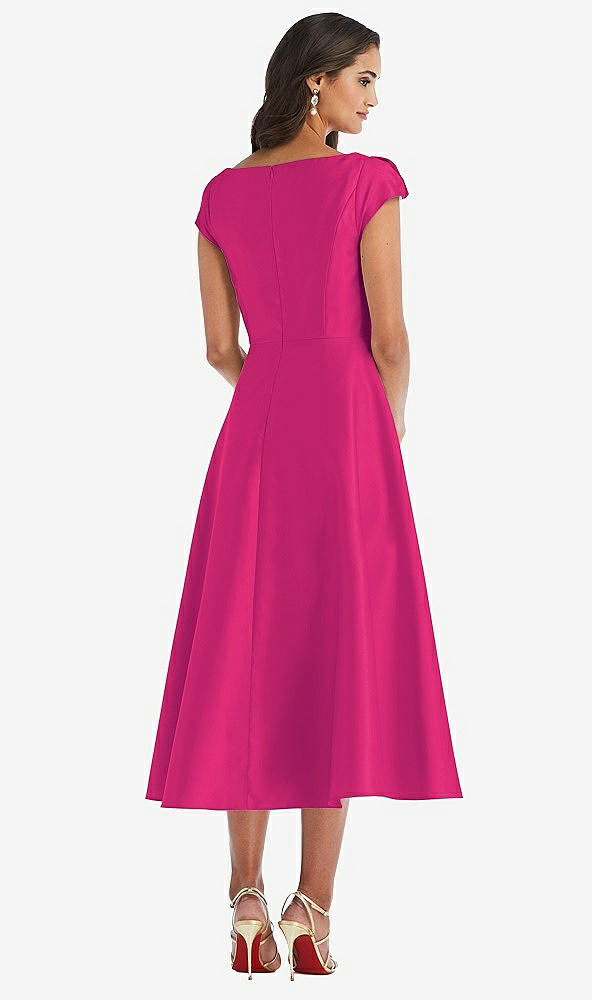 Back View - Think Pink Puff Cap Sleeve Full Skirt Satin Midi Dress