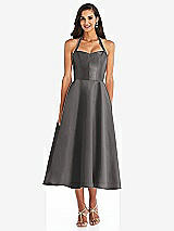 Front View Thumbnail - Caviar Gray Tie-Neck Halter Full Skirt Satin Midi Dress