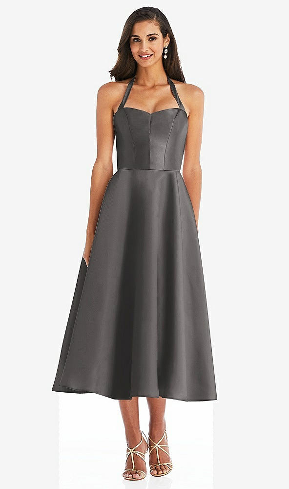 Front View - Caviar Gray Tie-Neck Halter Full Skirt Satin Midi Dress