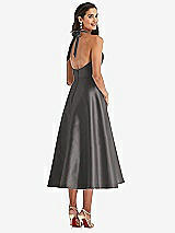 Rear View Thumbnail - Caviar Gray Tie-Neck Halter Full Skirt Satin Midi Dress