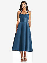 Front View Thumbnail - Dusk Blue Tie-Neck Halter Full Skirt Satin Midi Dress