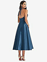 Rear View Thumbnail - Dusk Blue Tie-Neck Halter Full Skirt Satin Midi Dress