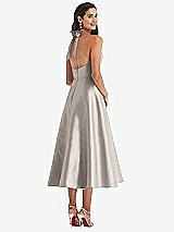 Rear View Thumbnail - Taupe Tie-Neck Halter Full Skirt Satin Midi Dress