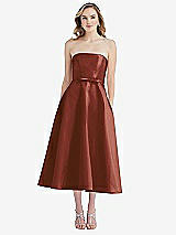 Front View Thumbnail - Auburn Moon Strapless Bow-Waist Full Skirt Satin Midi Dress