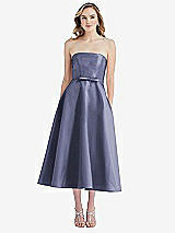 Front View Thumbnail - French Blue Strapless Bow-Waist Full Skirt Satin Midi Dress