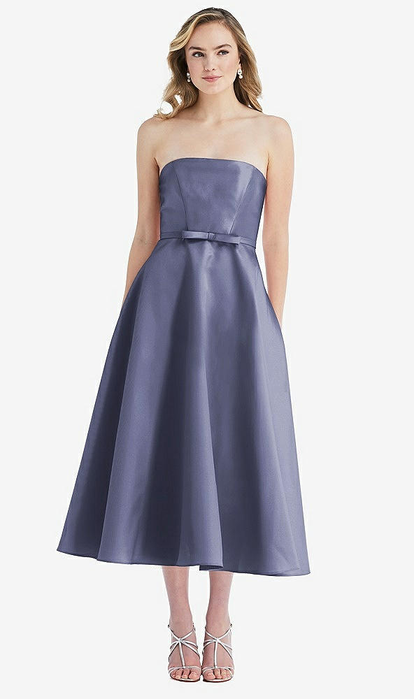 Front View - French Blue Strapless Bow-Waist Full Skirt Satin Midi Dress
