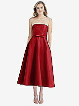 Front View Thumbnail - Garnet Strapless Bow-Waist Full Skirt Satin Midi Dress