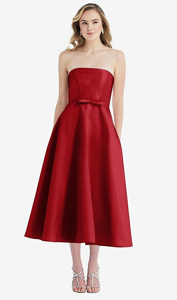 Front View - Garnet Strapless Bow-Waist Full Skirt Satin Midi Dress
