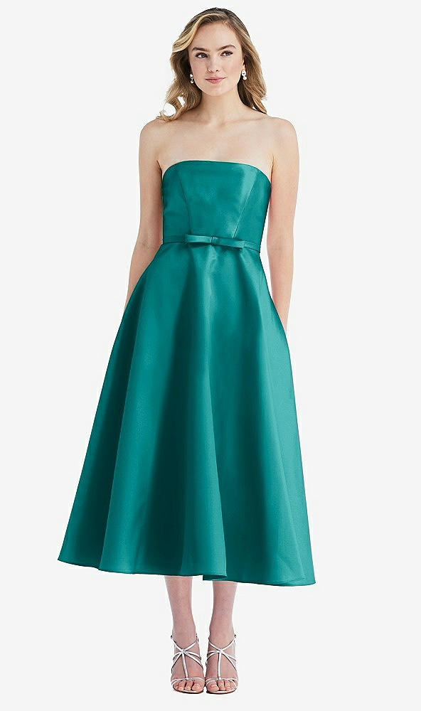 Front View - Jade Strapless Bow-Waist Full Skirt Satin Midi Dress
