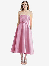 Front View Thumbnail - Powder Pink Strapless Bow-Waist Full Skirt Satin Midi Dress