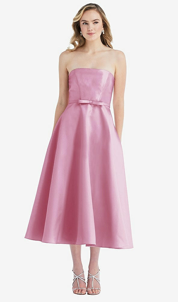 Front View - Powder Pink Strapless Bow-Waist Full Skirt Satin Midi Dress
