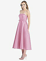 Side View Thumbnail - Powder Pink Strapless Bow-Waist Full Skirt Satin Midi Dress