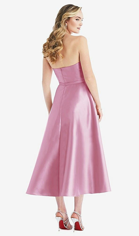 Back View - Powder Pink Strapless Bow-Waist Full Skirt Satin Midi Dress