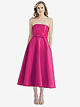 Front View Thumbnail - Think Pink Strapless Bow-Waist Full Skirt Satin Midi Dress
