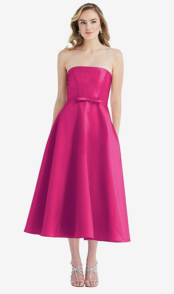 Front View - Think Pink Strapless Bow-Waist Full Skirt Satin Midi Dress