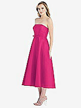 Side View Thumbnail - Think Pink Strapless Bow-Waist Full Skirt Satin Midi Dress