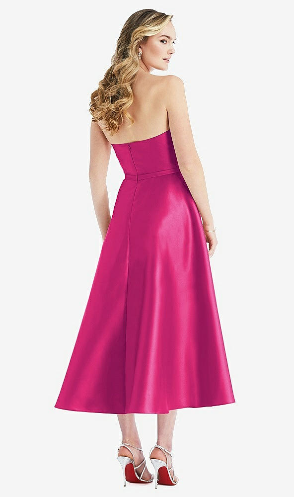 Back View - Think Pink Strapless Bow-Waist Full Skirt Satin Midi Dress