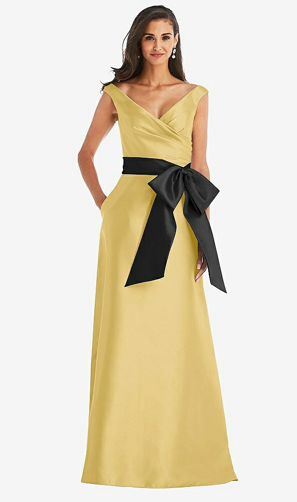 Front View - Maize & Black Off-the-Shoulder Bow-Waist Maxi Dress with Pockets