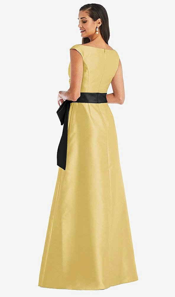 Back View - Maize & Black Off-the-Shoulder Bow-Waist Maxi Dress with Pockets