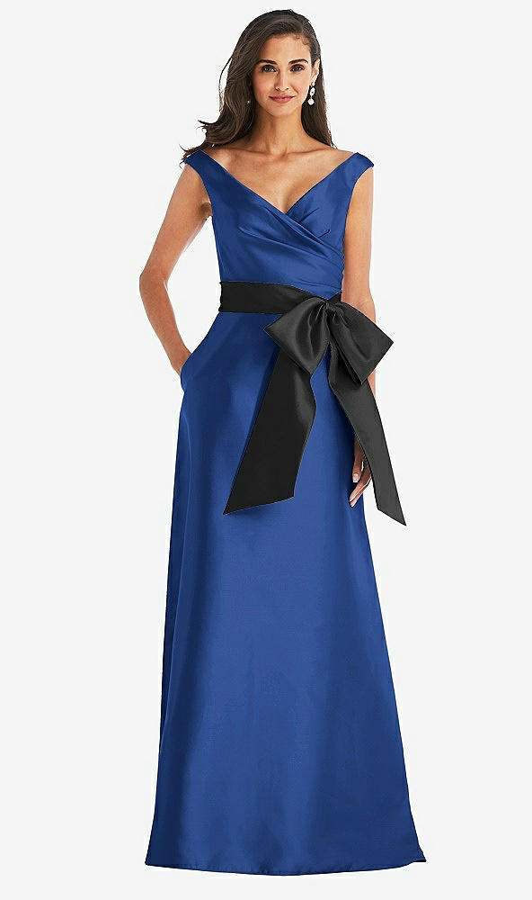 Front View - Classic Blue & Black Off-the-Shoulder Bow-Waist Maxi Dress with Pockets