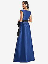Rear View Thumbnail - Classic Blue & Black Off-the-Shoulder Bow-Waist Maxi Dress with Pockets