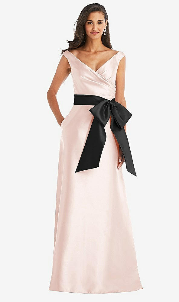Front View - Blush & Black Off-the-Shoulder Bow-Waist Maxi Dress with Pockets