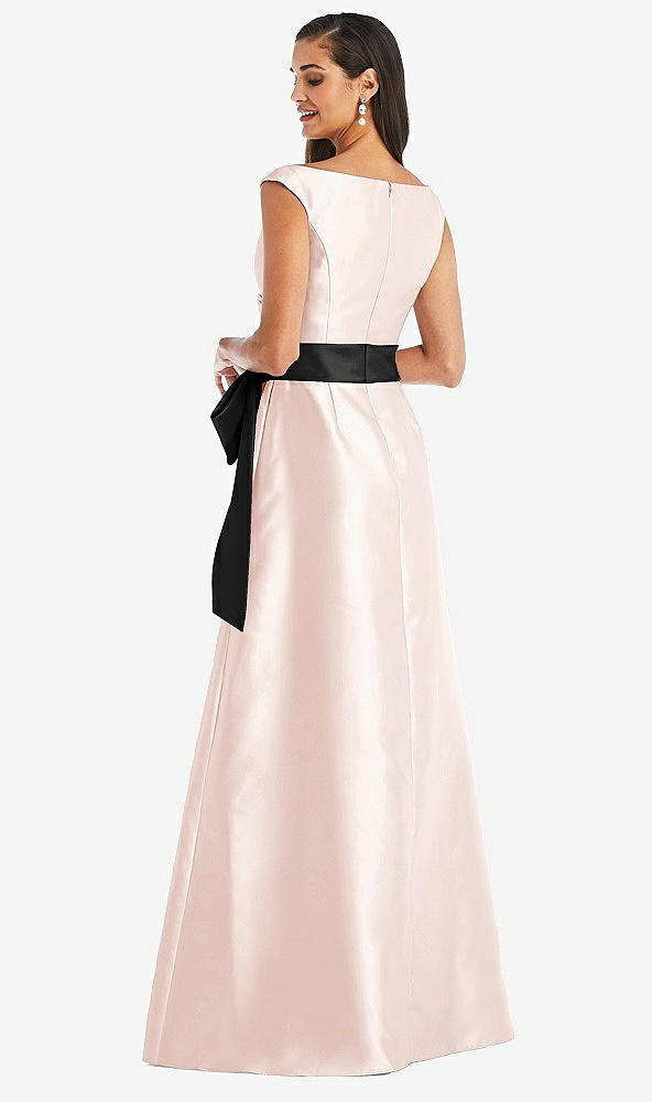 Back View - Blush & Black Off-the-Shoulder Bow-Waist Maxi Dress with Pockets