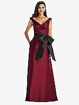 Front View Thumbnail - Burgundy & Black Off-the-Shoulder Bow-Waist Maxi Dress with Pockets