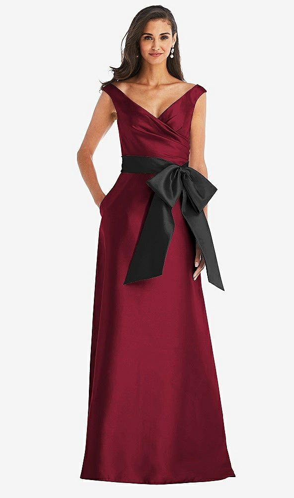 Front View - Burgundy & Black Off-the-Shoulder Bow-Waist Maxi Dress with Pockets