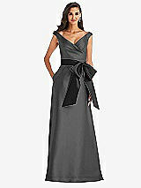 Front View Thumbnail - Gunmetal & Black Off-the-Shoulder Bow-Waist Maxi Dress with Pockets