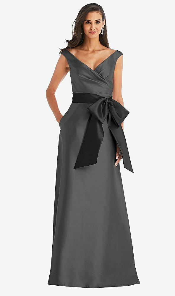 Front View - Gunmetal & Black Off-the-Shoulder Bow-Waist Maxi Dress with Pockets