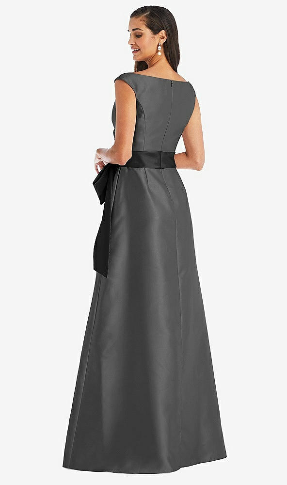 Back View - Gunmetal & Black Off-the-Shoulder Bow-Waist Maxi Dress with Pockets
