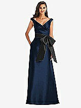Front View Thumbnail - Midnight Navy & Black Off-the-Shoulder Bow-Waist Maxi Dress with Pockets