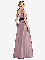 Rear View Thumbnail - Dusty Rose & Black High-Neck Bow-Waist Maxi Dress with Pockets