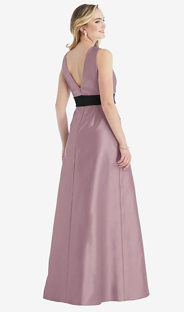 Back View - Dusty Rose & Black High-Neck Bow-Waist Maxi Dress with Pockets