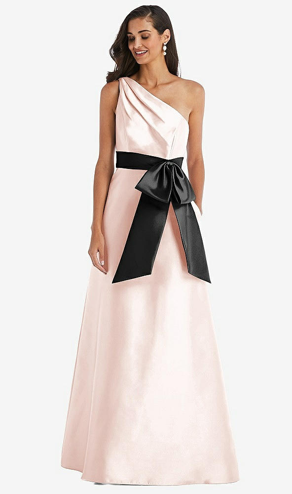 Front View - Blush & Black One-Shoulder Bow-Waist Maxi Dress with Pockets