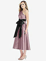 Side View Thumbnail - Dusty Rose & Black One-Shoulder Bow-Waist Midi Dress with Pockets