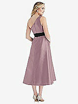 Rear View Thumbnail - Dusty Rose & Black One-Shoulder Bow-Waist Midi Dress with Pockets