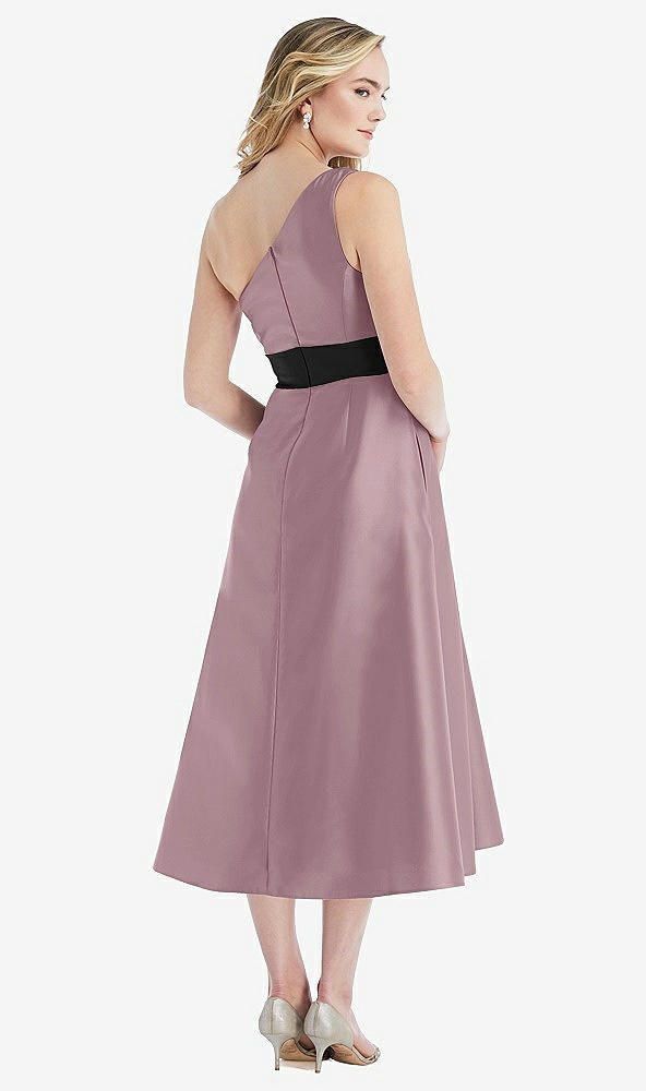Back View - Dusty Rose & Black One-Shoulder Bow-Waist Midi Dress with Pockets