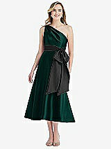 Front View Thumbnail - Evergreen & Black One-Shoulder Bow-Waist Midi Dress with Pockets