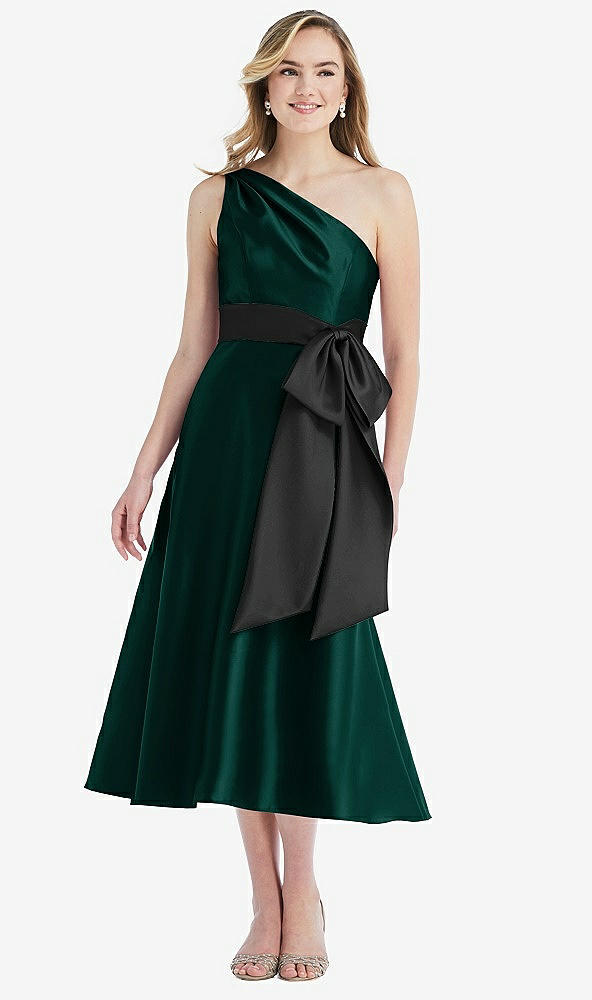 Front View - Evergreen & Black One-Shoulder Bow-Waist Midi Dress with Pockets