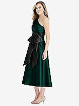 Side View Thumbnail - Evergreen & Black One-Shoulder Bow-Waist Midi Dress with Pockets