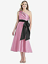 Front View Thumbnail - Powder Pink & Black One-Shoulder Bow-Waist Midi Dress with Pockets